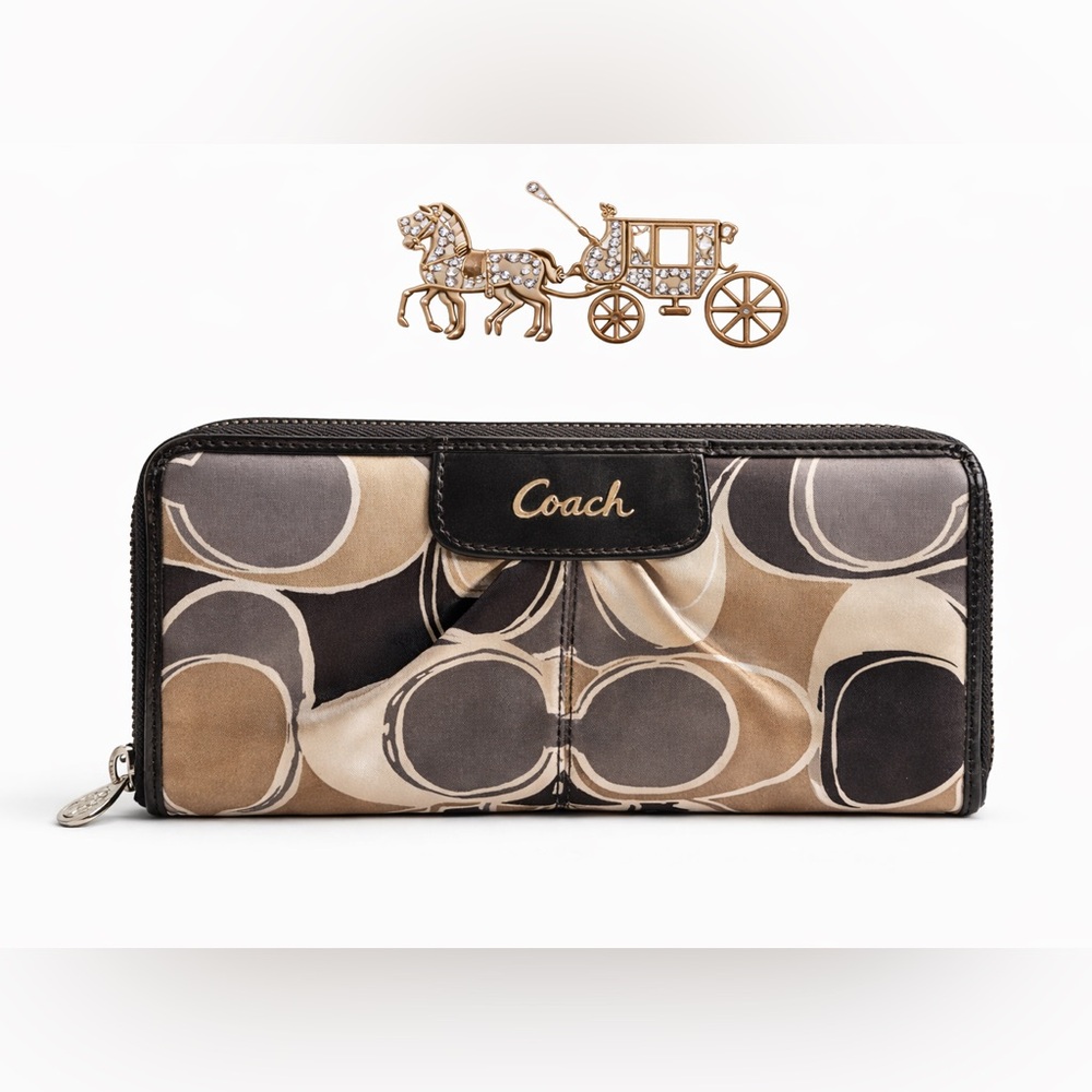 Coach Op Art Zip Around Wallet Black Gray Patent Trim EUC‎